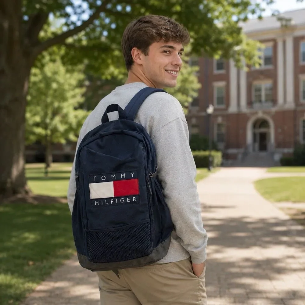 Vintage 90s Tommy Hilfiger Backpack Spell Out Big Flag Logo Preppy Old Money